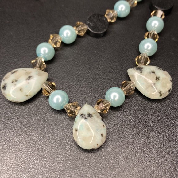 Dalmatian Jasper necklace Swarovski crystal glass pearl - Picture 4 of 5